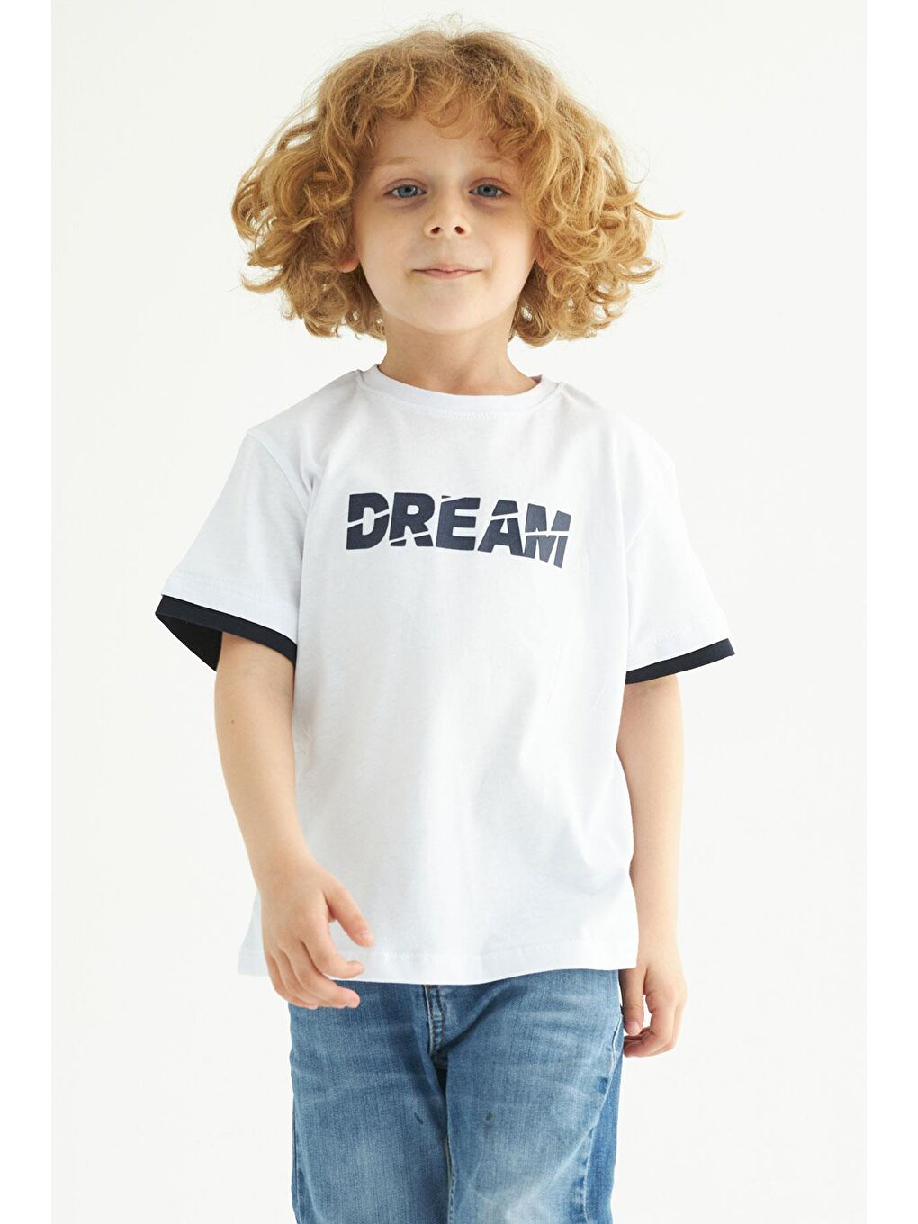 Bisiklet Yaka Kısa Kol Dreams Baskılı Kısa Kol Beyaz Renk Erkek Çocuk Tshirt-1