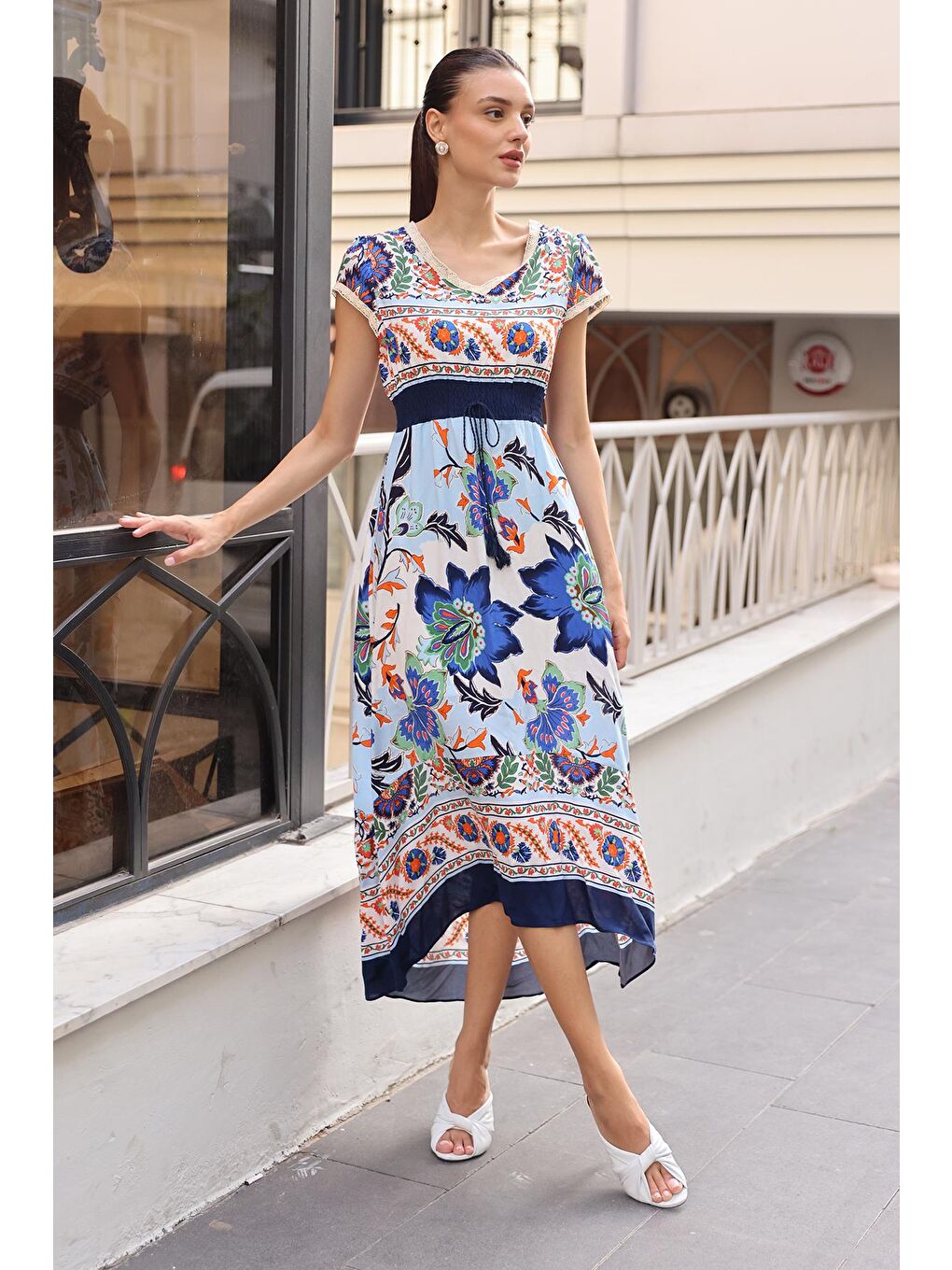 1701 Bel Lastik Desenli Elbise - Lacivert