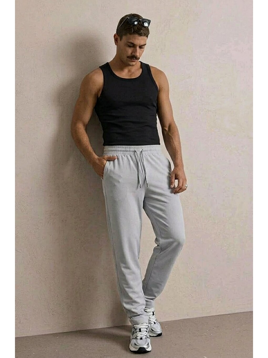 Beyaz Erkek Beli Lastikli Rahat Açık Gri Bol Pantolon-2