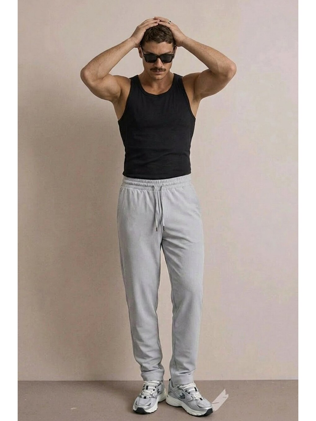 Beyaz Erkek Beli Lastikli Rahat Açık Gri Bol Pantolon-3
