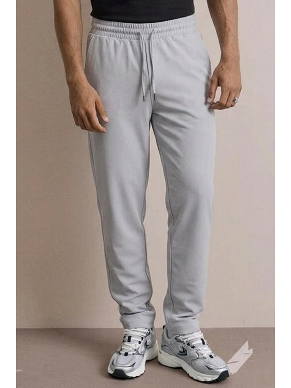 Beyaz Erkek Beli Lastikli Rahat Açık Gri Bol Pantolon-4