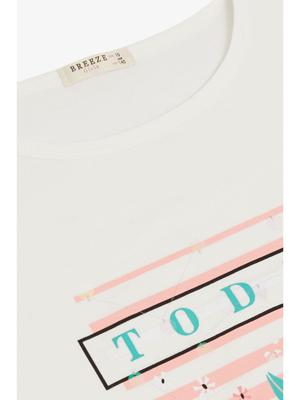 Kız Çocuk Tişört Çiçek & Yazı Baskılı Pullu Ekru (9-14 Yaş)-2