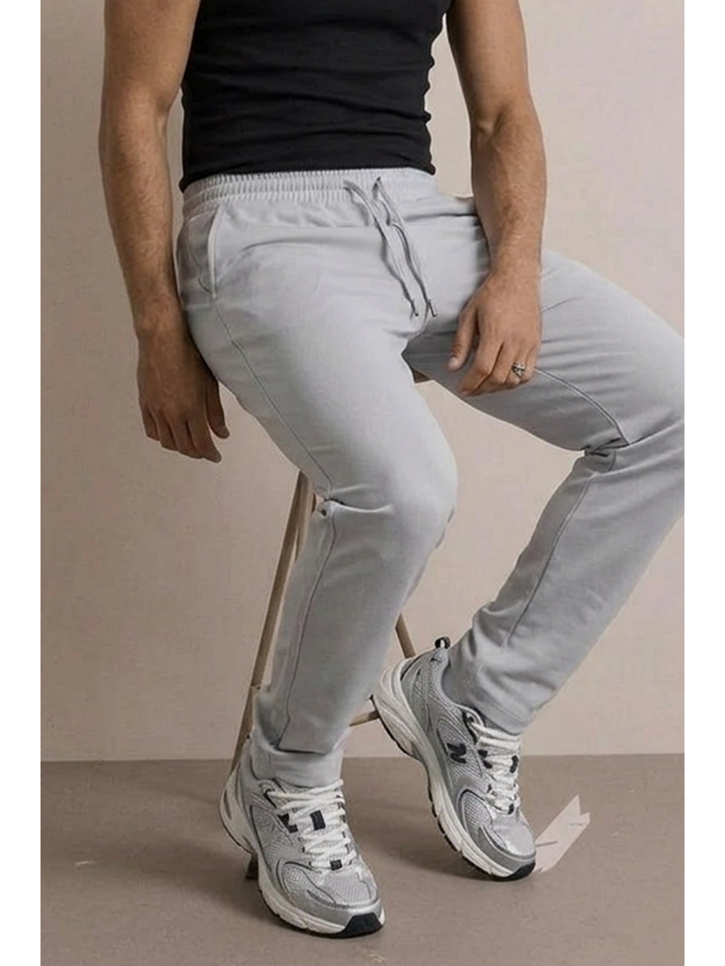 Beyaz Erkek Beli Lastikli Rahat Açık Gri Bol Pantolon-5