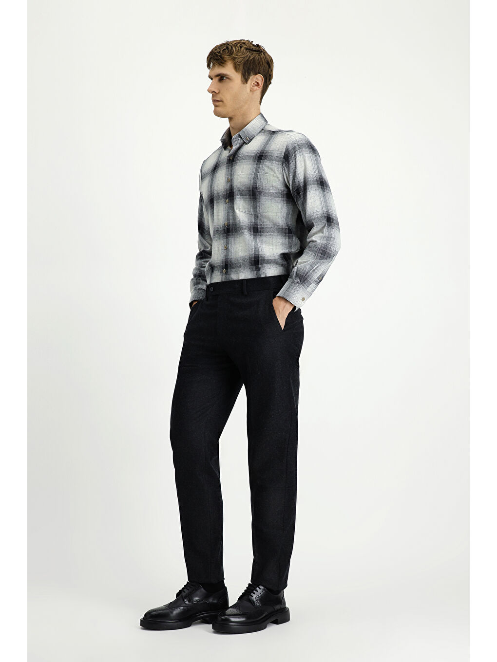 Antrasit Yünlü Pileli Flanel Klasik Kumaş Pantolon-1