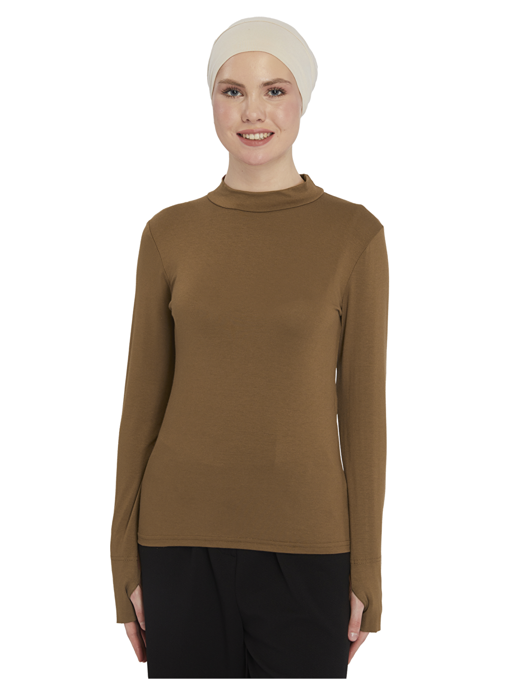 Kahverengi Kadın Organik Parmak Geçmeli Balıkçı Yakalı Body