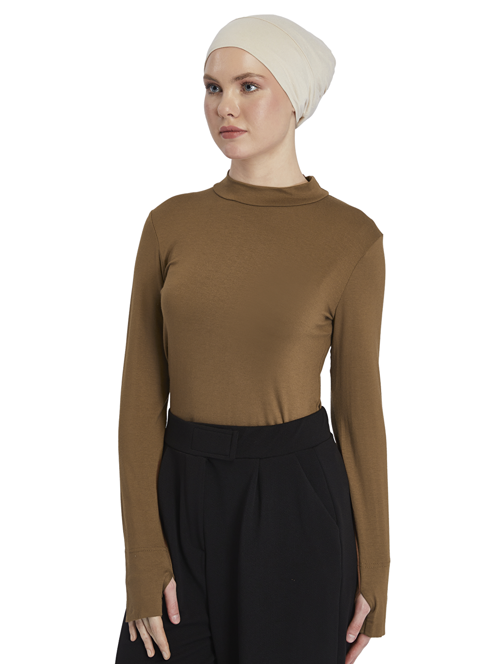 Kahverengi Kadın Organik Parmak Geçmeli Balıkçı Yakalı Body-1