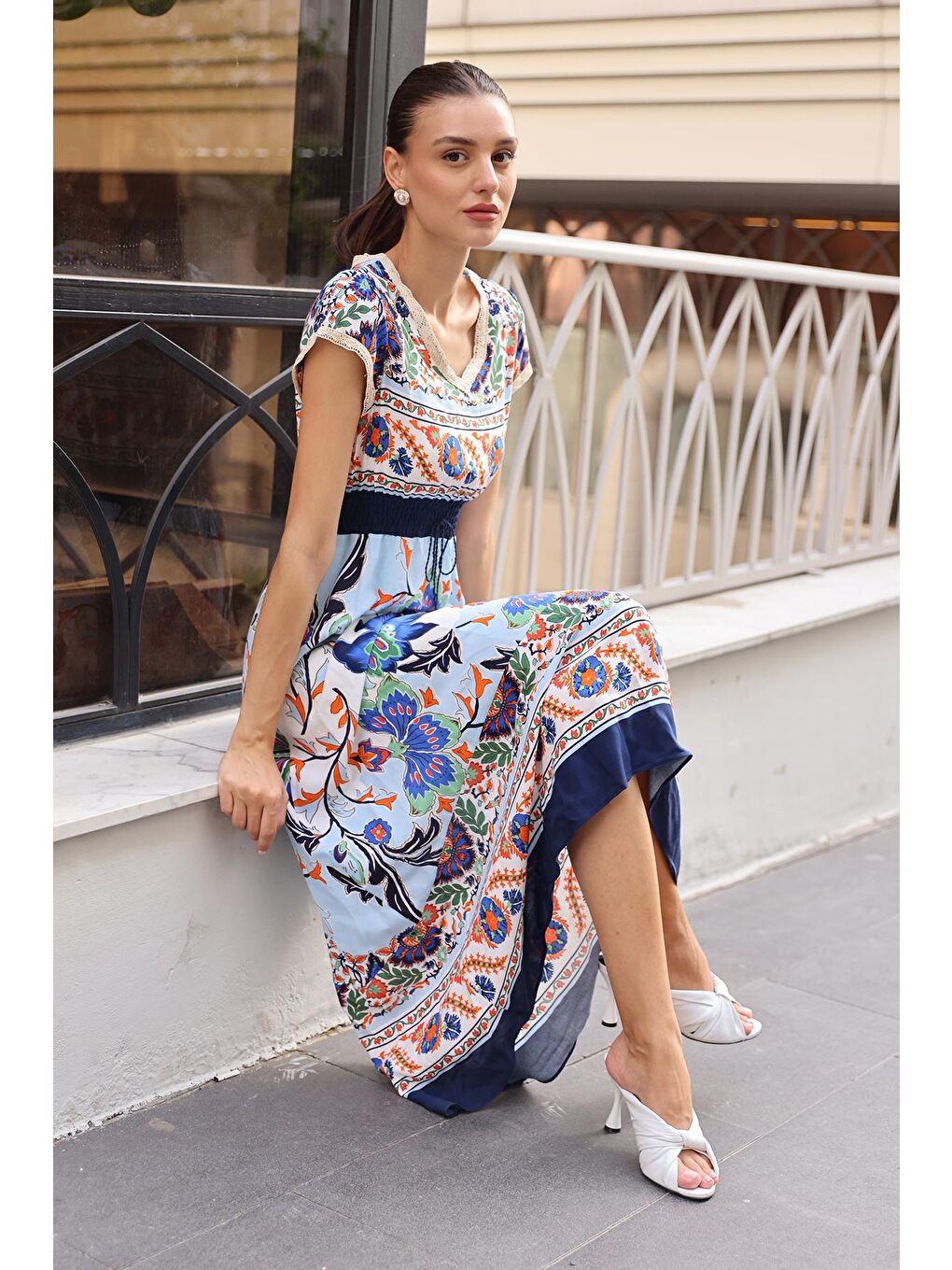 1701 Bel Lastik Desenli Elbise - Lacivert-1