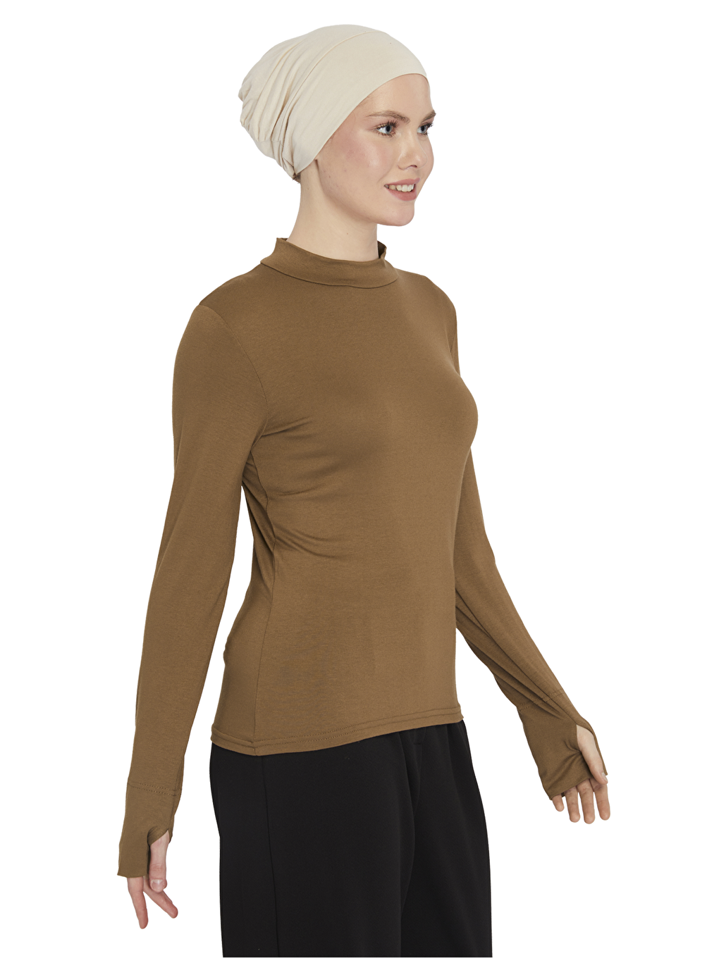 Kahverengi Kadın Organik Parmak Geçmeli Balıkçı Yakalı Body-2