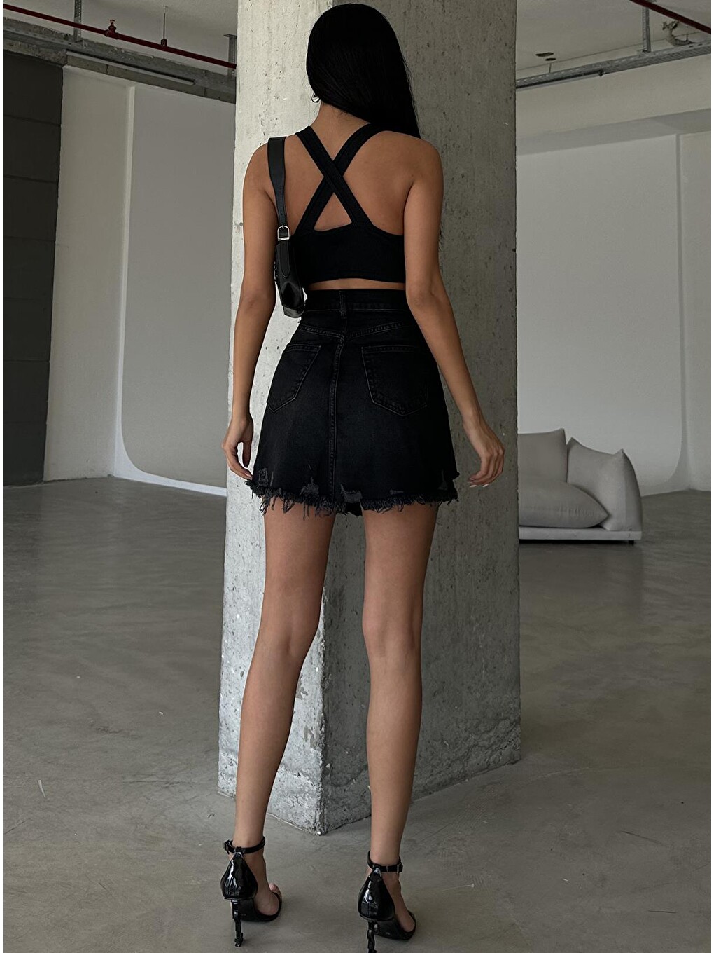 Gri %100 Pamuk Yıpratmalı Gabardin None-Denim Püsküllü Kadın Mini Etek @Andria-1