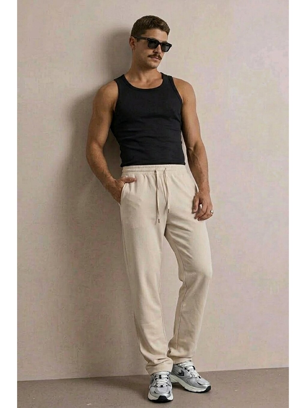 Ekru Erkek Beli Lastikli Rahat Krem Bol Pantolon-2