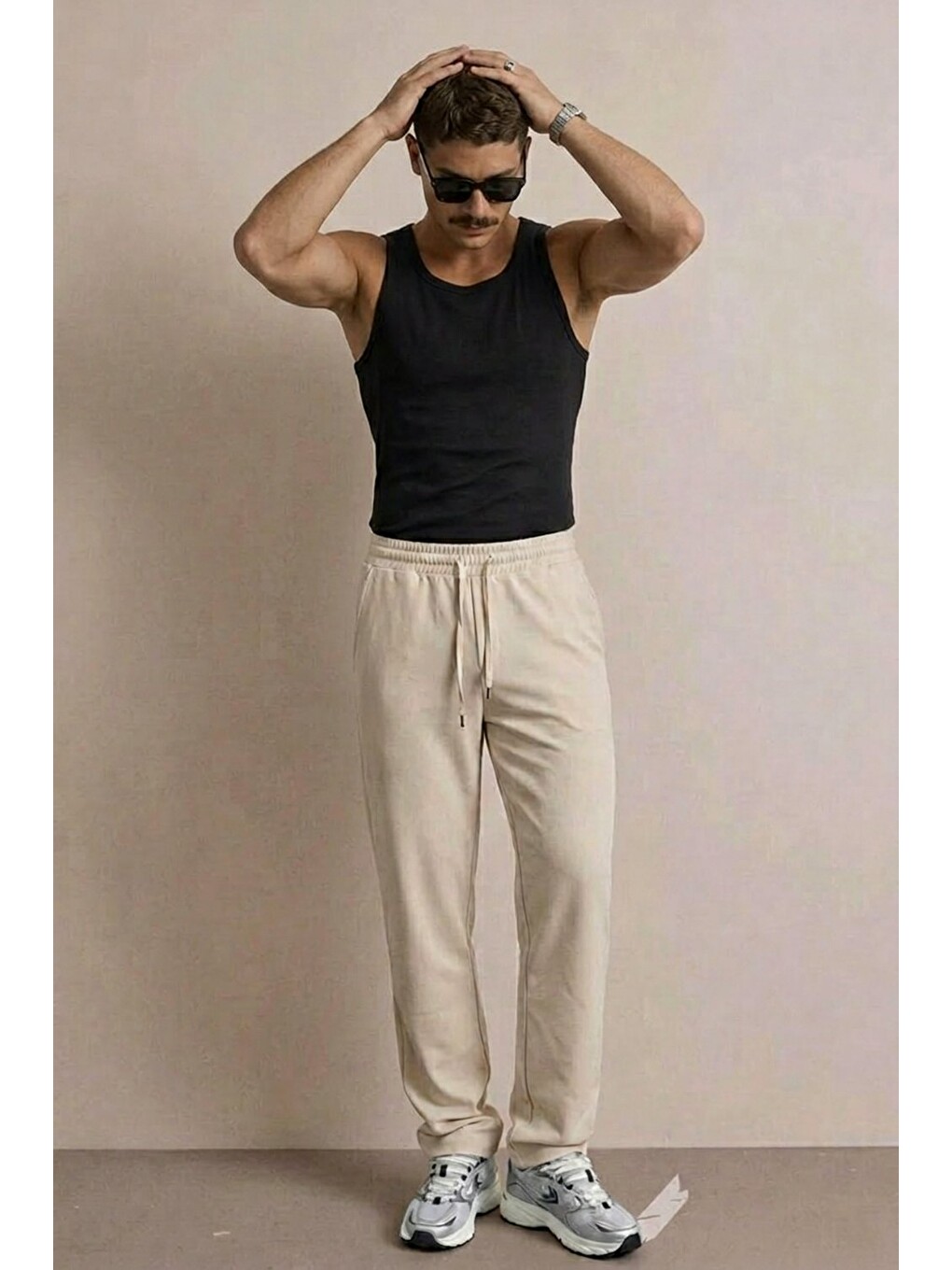 Ekru Erkek Beli Lastikli Rahat Krem Bol Pantolon-3