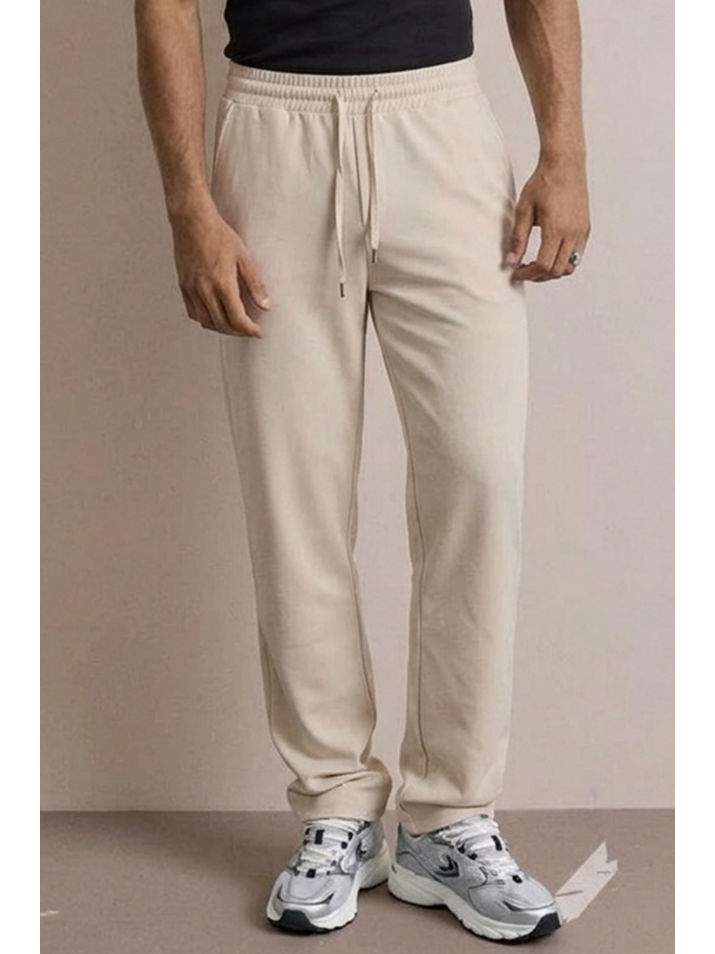Ekru Erkek Beli Lastikli Rahat Krem Bol Pantolon-4