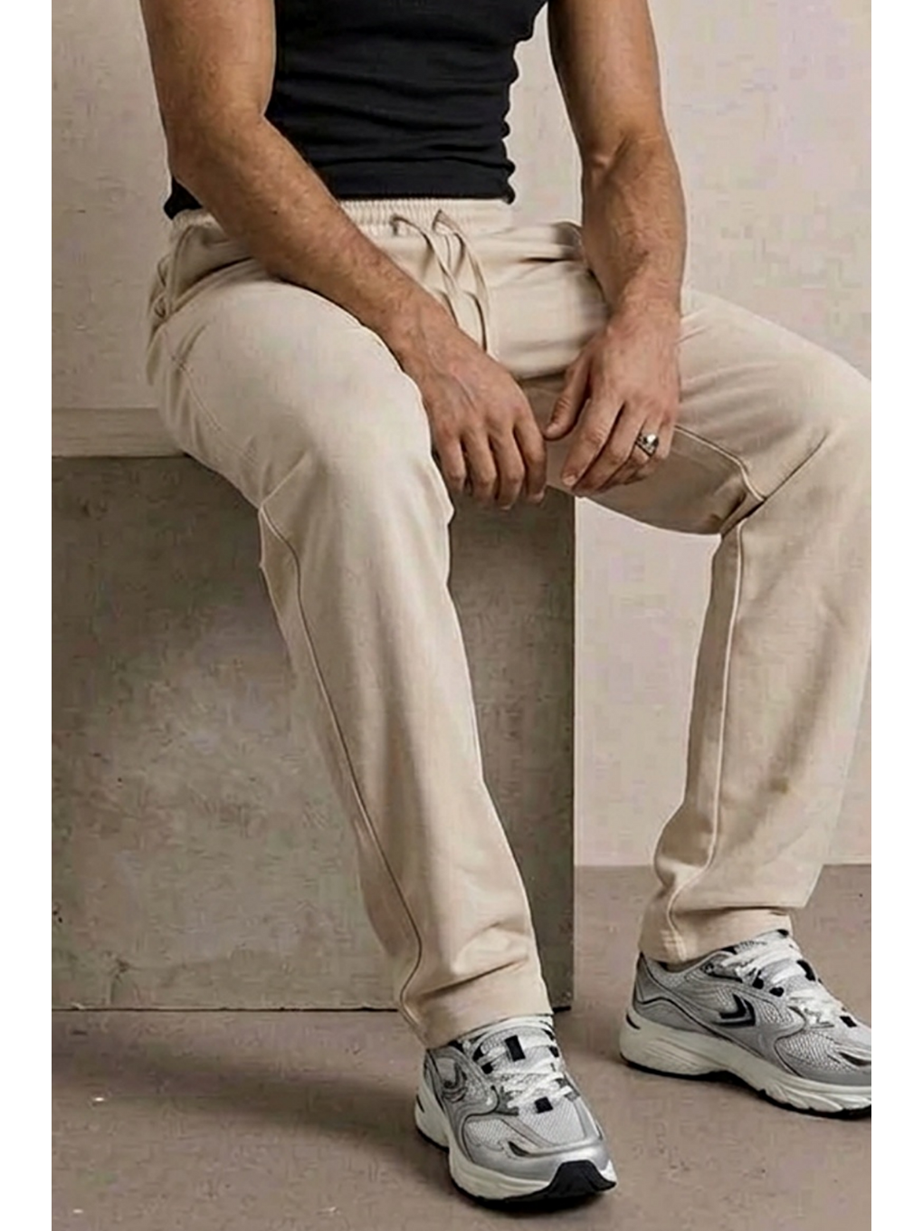 Ekru Erkek Beli Lastikli Rahat Krem Bol Pantolon-5