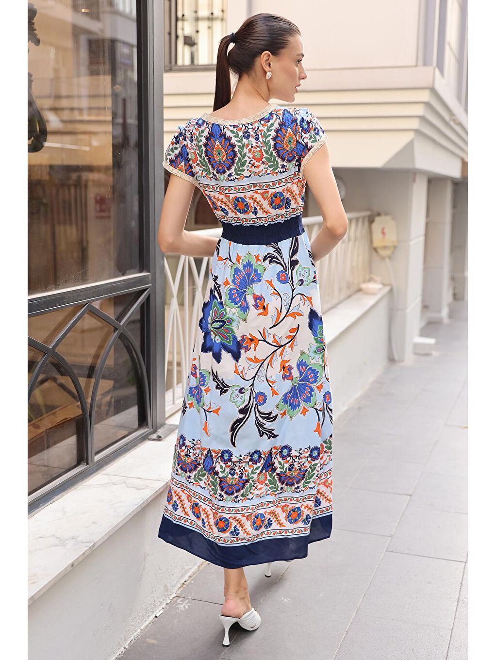 1701 Bel Lastik Desenli Elbise - Lacivert-2