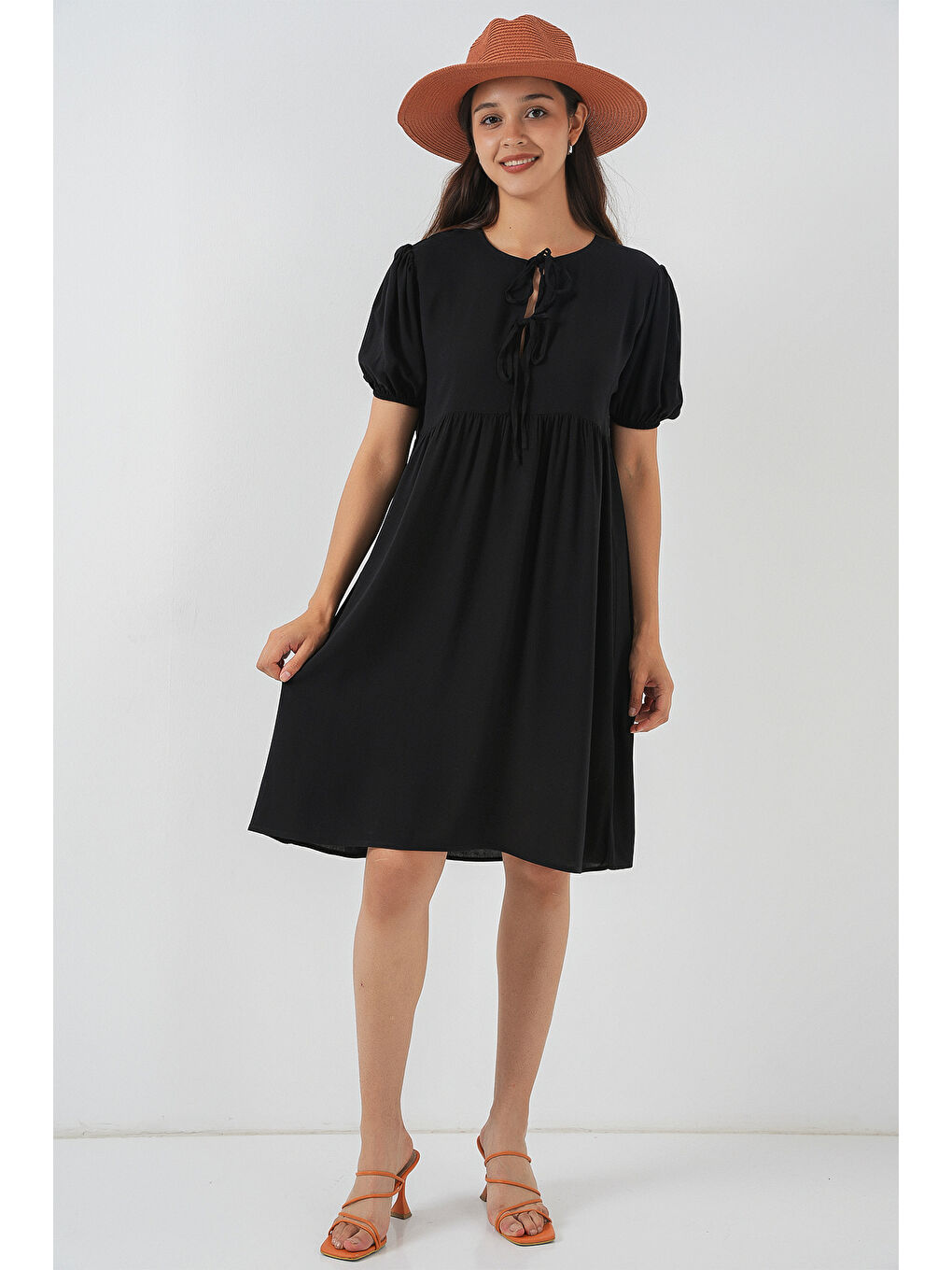 Kadın Bağcıklı Midi Elbise 2575 - Siyah-1