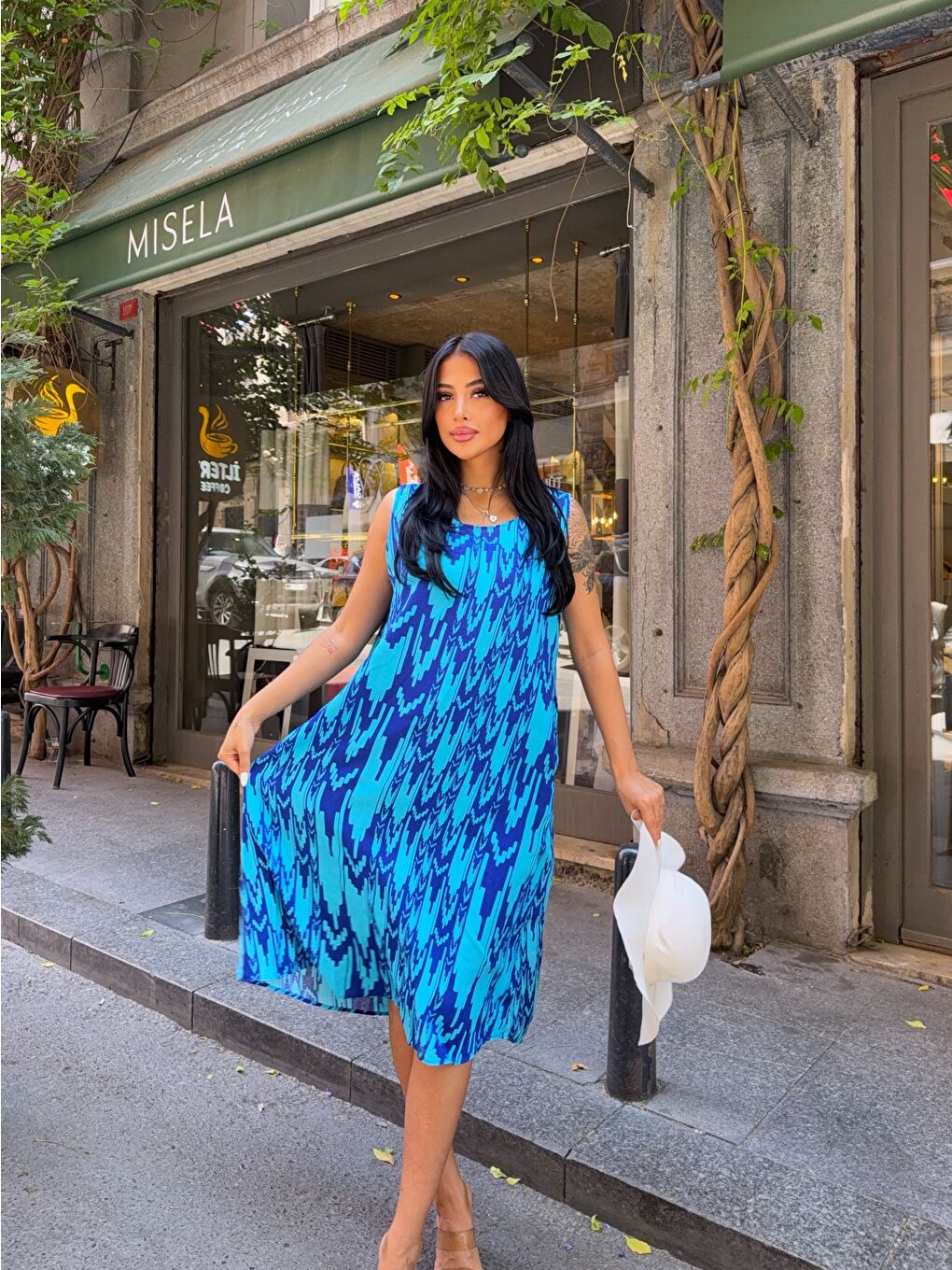 Mavi Bisiklet Yaka Desenli Viskon Elbise-1