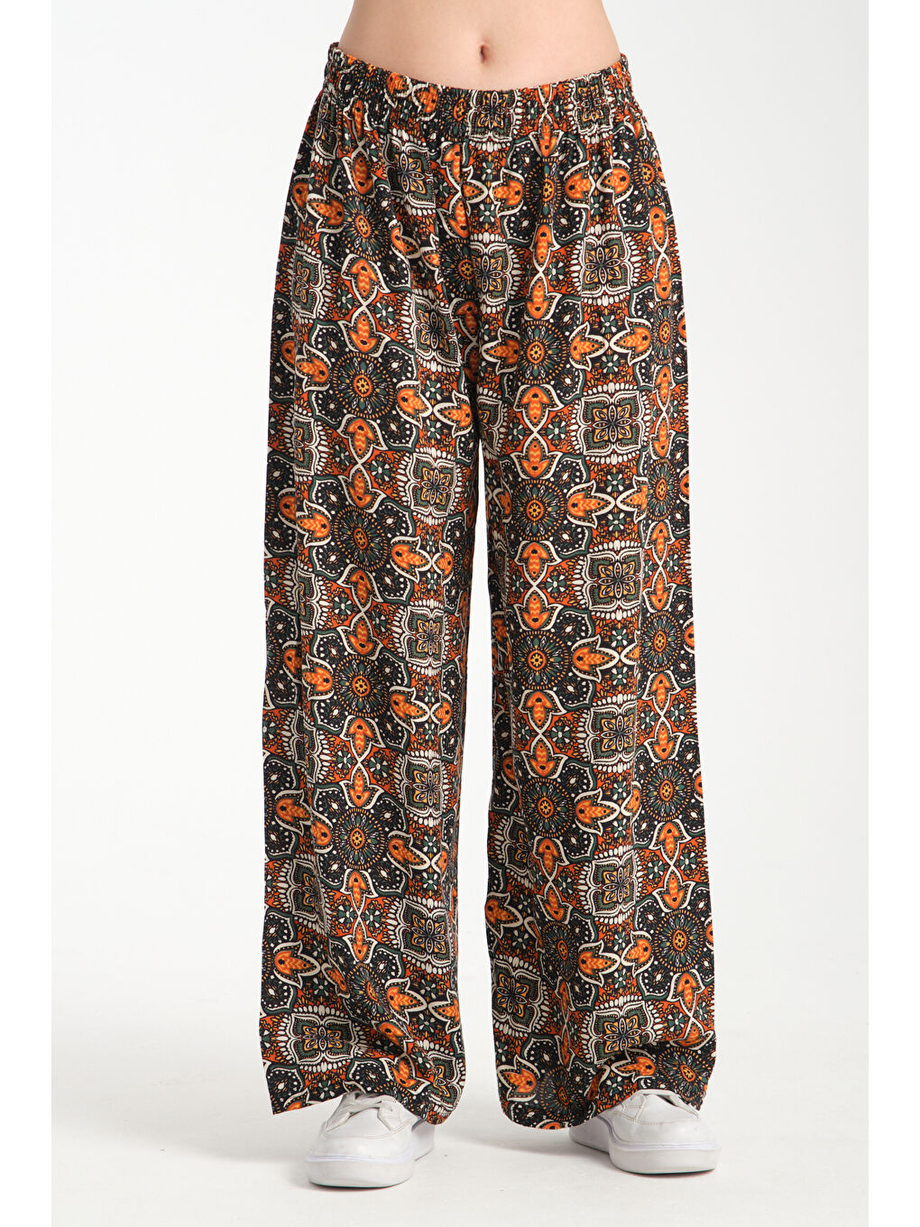 Turuncu Kadın Desenli Dökümlü Viskon Pantolon 1070