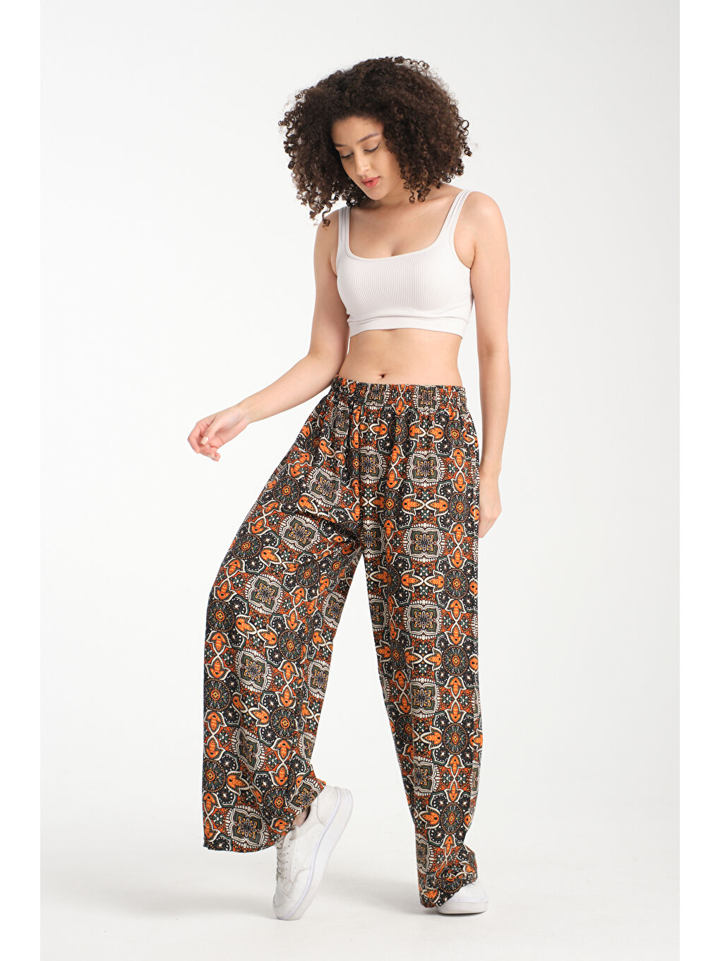 Turuncu Kadın Desenli Dökümlü Viskon Pantolon 1070-1