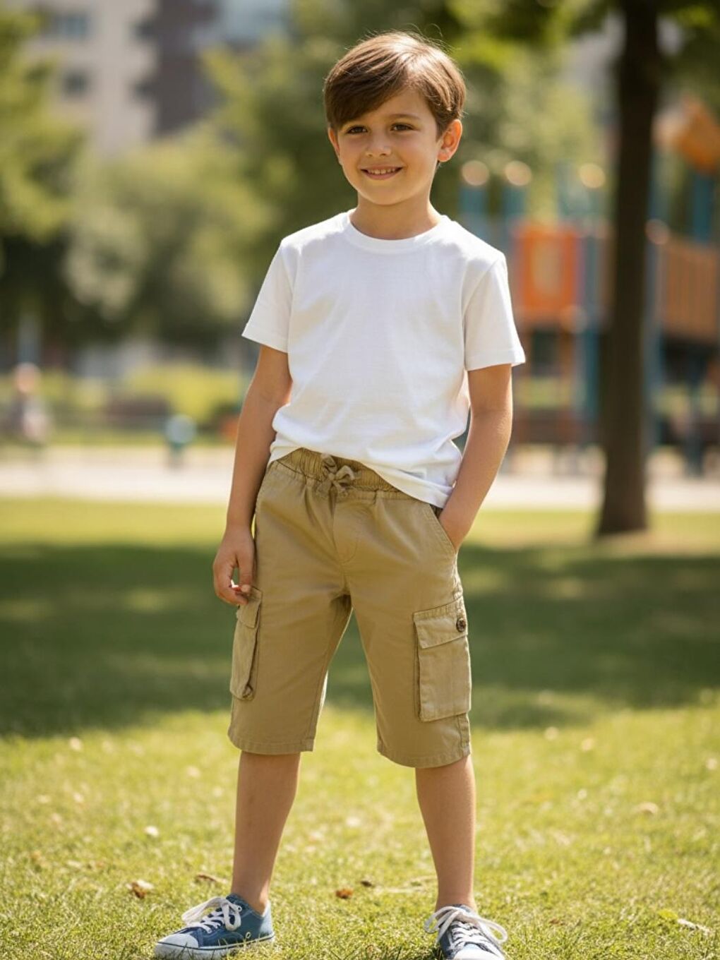 Bej Erkek Çocuk Bel Lastikli Yan Cepli 3-14 Yaş Kapri Şort