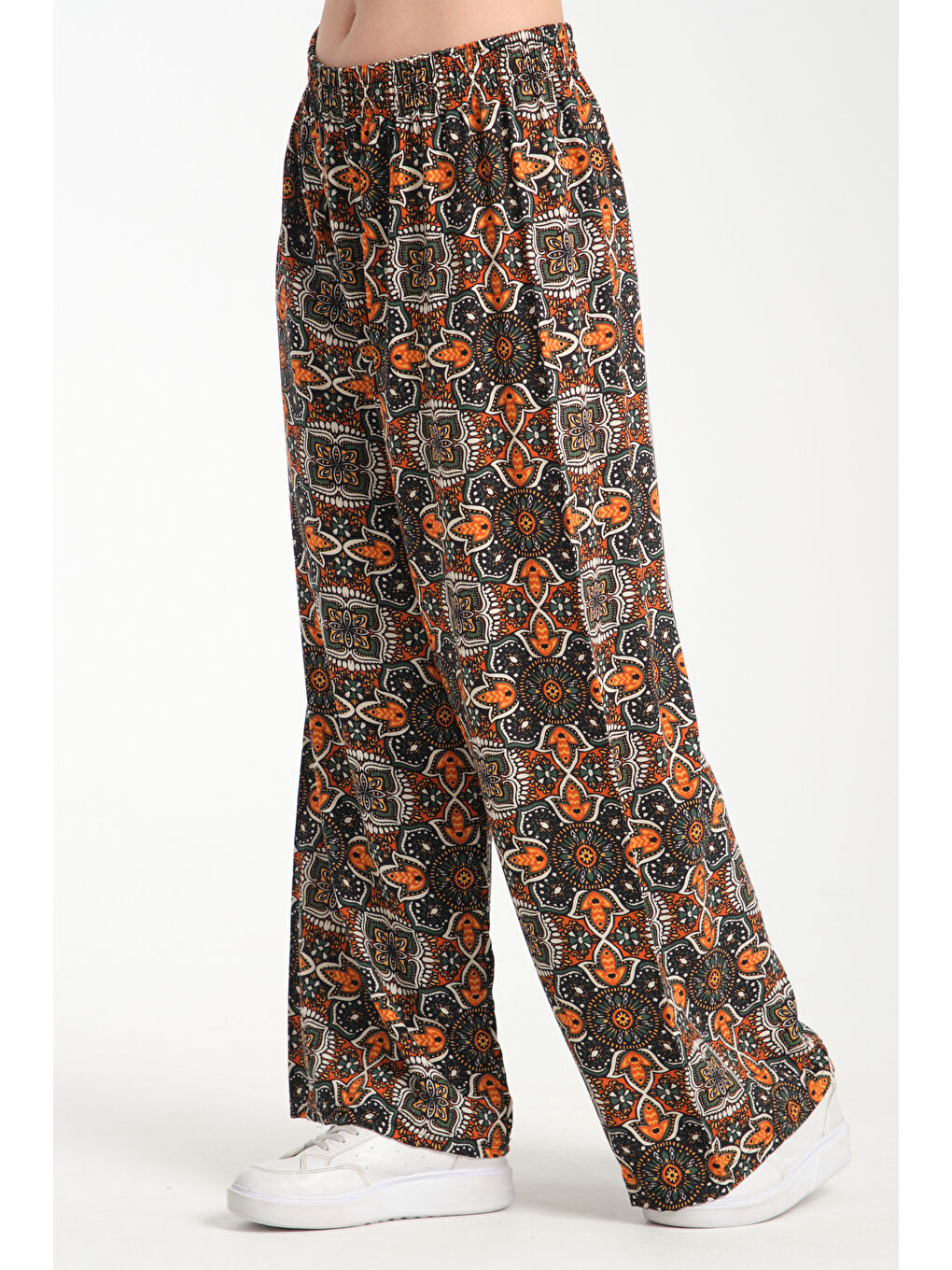 Turuncu Kadın Desenli Dökümlü Viskon Pantolon 1070-2