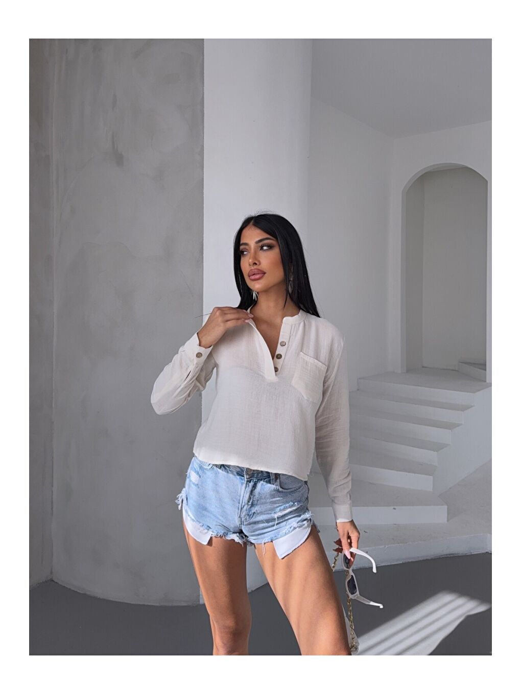 Hakim Yaka Müslin Gömlek Bluz Beyaz