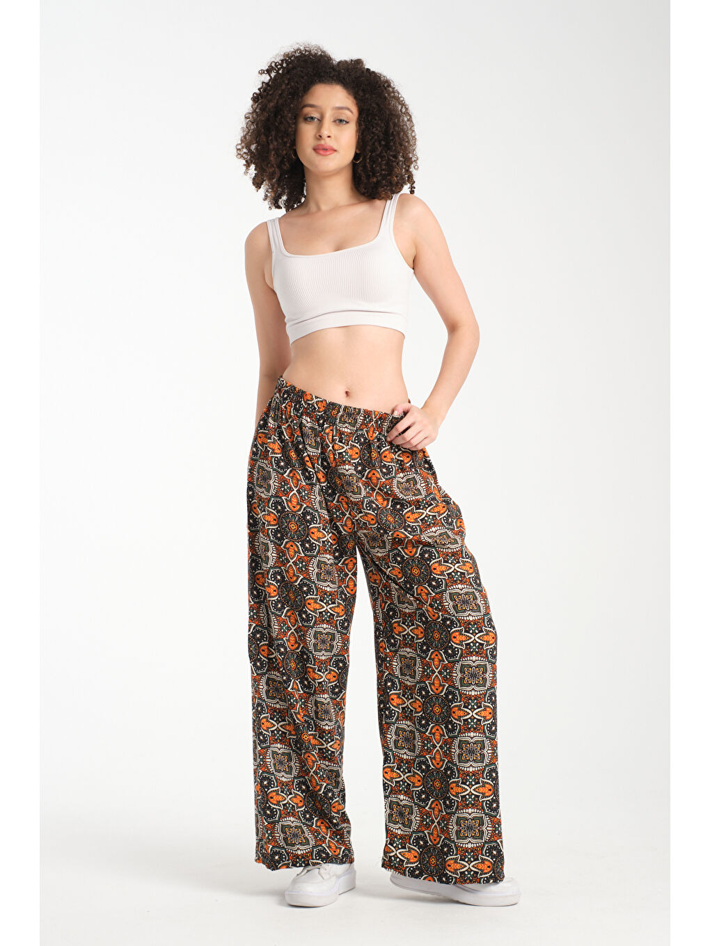 Turuncu Kadın Desenli Dökümlü Viskon Pantolon 1070-4