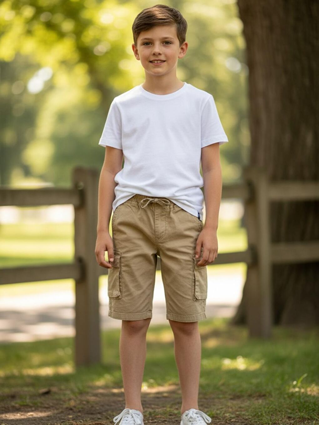 Bej Erkek Çocuk Bel Lastikli Yan Cepli 3-14 Yaş Kapri Şort-1
