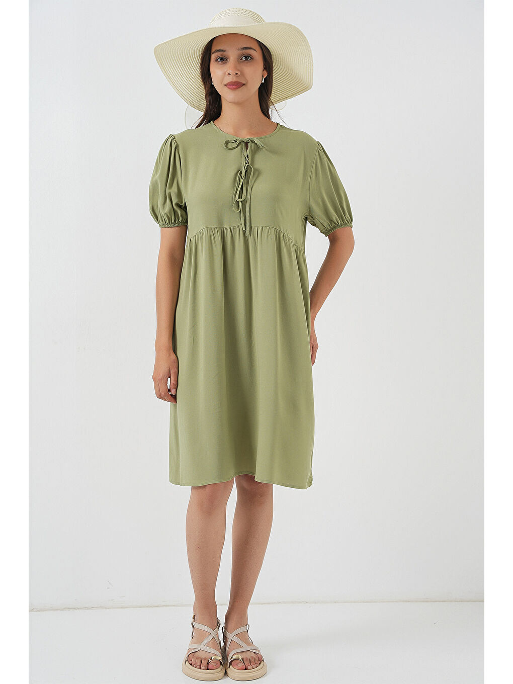 Yeşil Kadın Bağcıklı Midi Elbise 2575 - C. Çağla-1