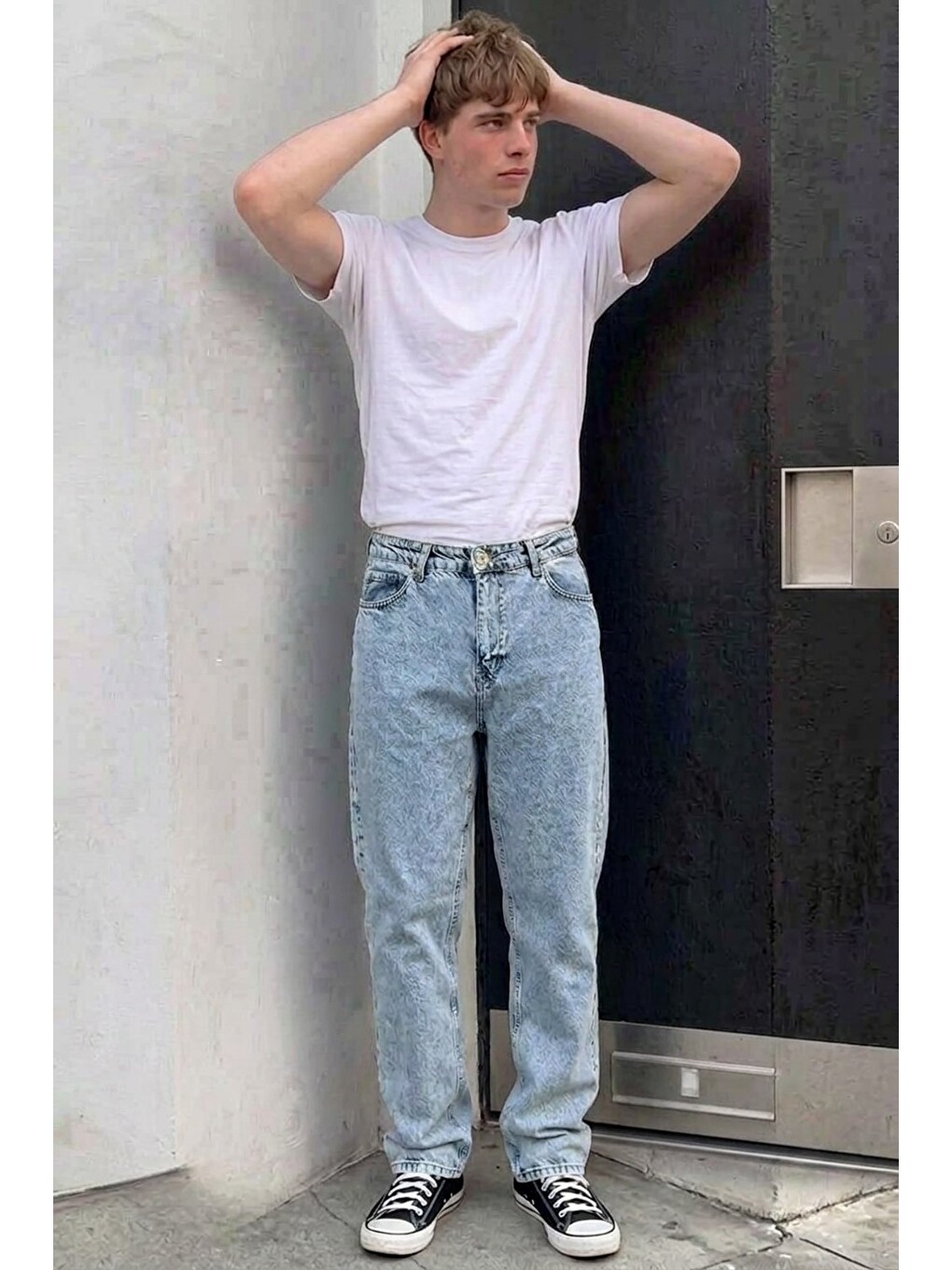 Beyaz Erkek Bol Paça Kar Mavi Baggy Pantolon-1