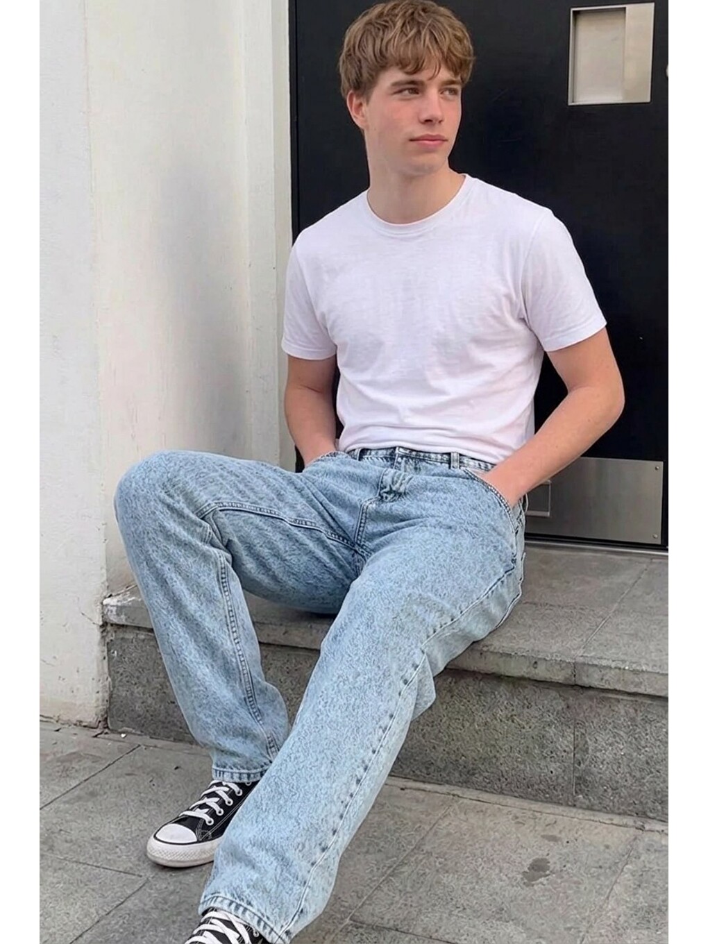 Beyaz Erkek Bol Paça Kar Mavi Baggy Pantolon-2