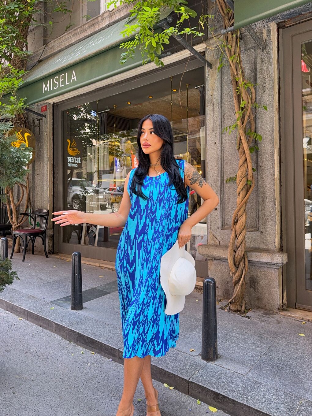 Mavi Bisiklet Yaka Desenli Viskon Elbise-2