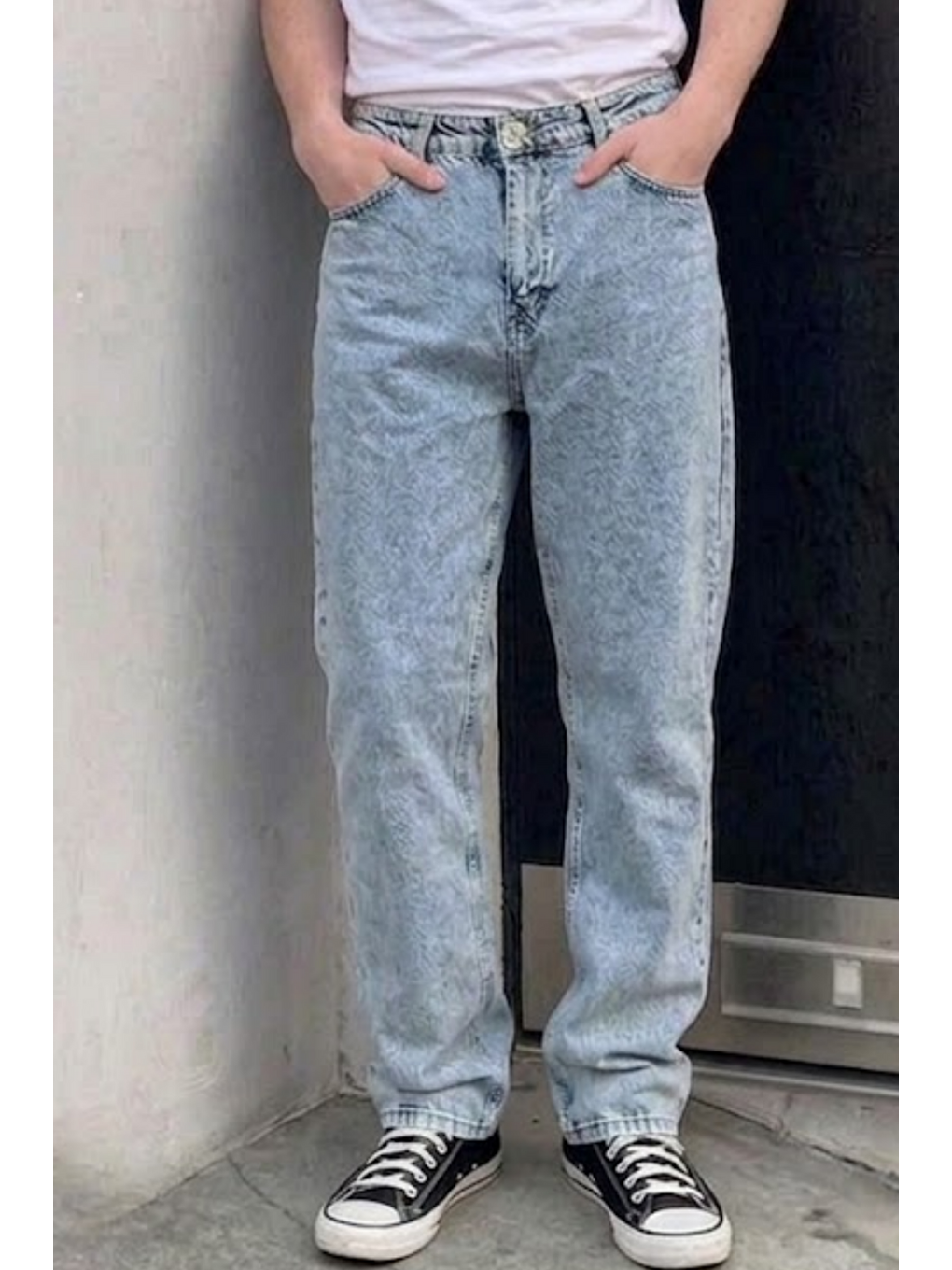 Beyaz Erkek Bol Paça Kar Mavi Baggy Pantolon-5