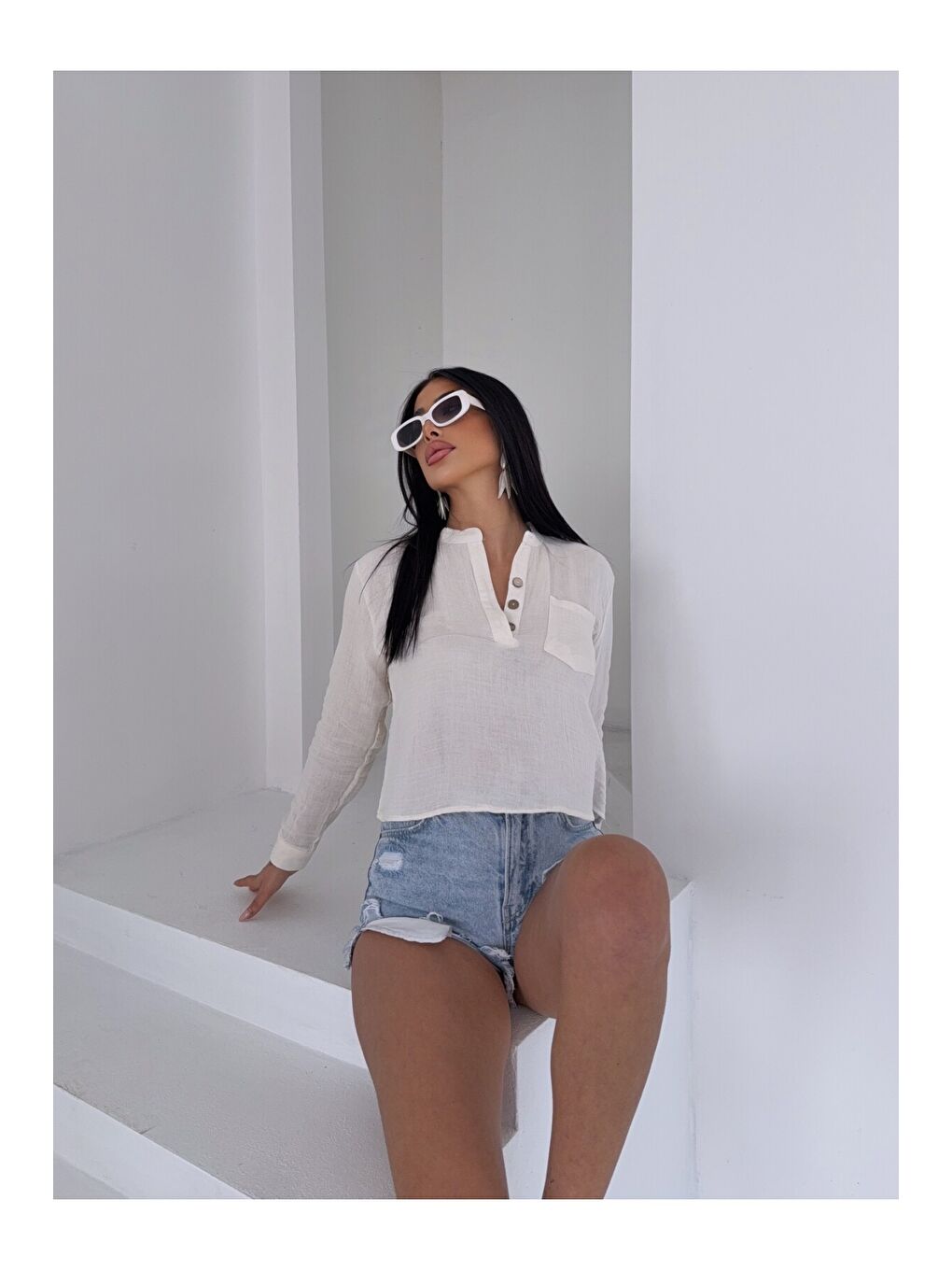 Hakim Yaka Müslin Gömlek Bluz Beyaz-2