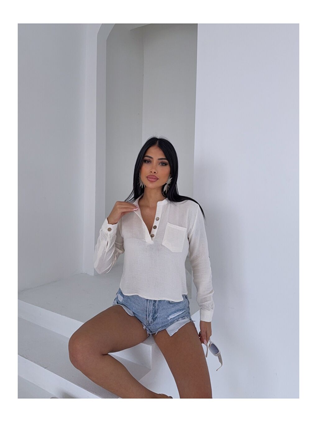 Hakim Yaka Müslin Gömlek Bluz Beyaz-3