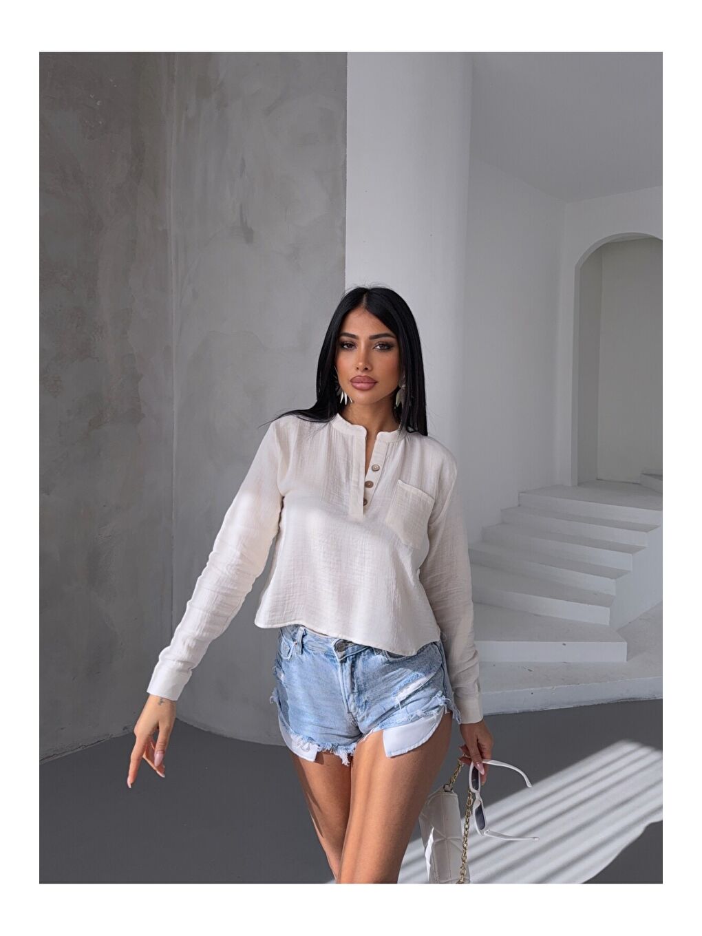 Hakim Yaka Müslin Gömlek Bluz Beyaz-4
