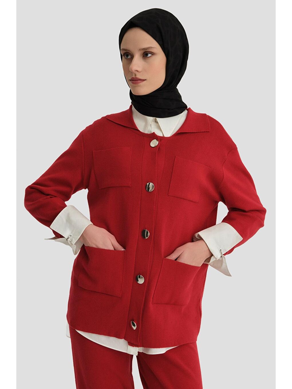 Metal Düğmeli Triko Takım 24Kd4212 Kırmızı-1