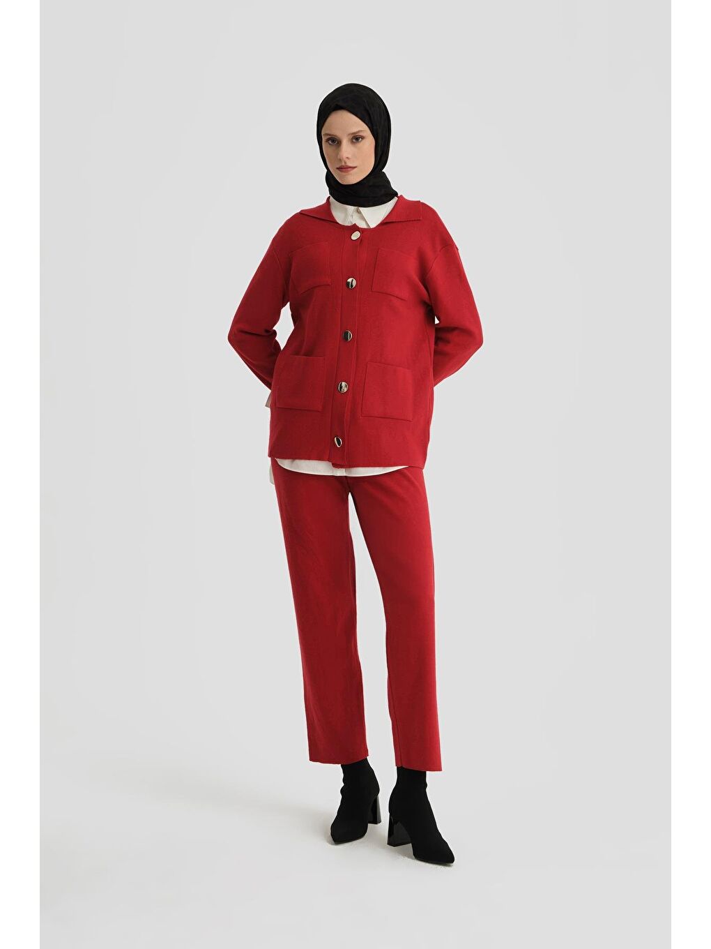 Metal Düğmeli Triko Takım 24Kd4212 Kırmızı-2