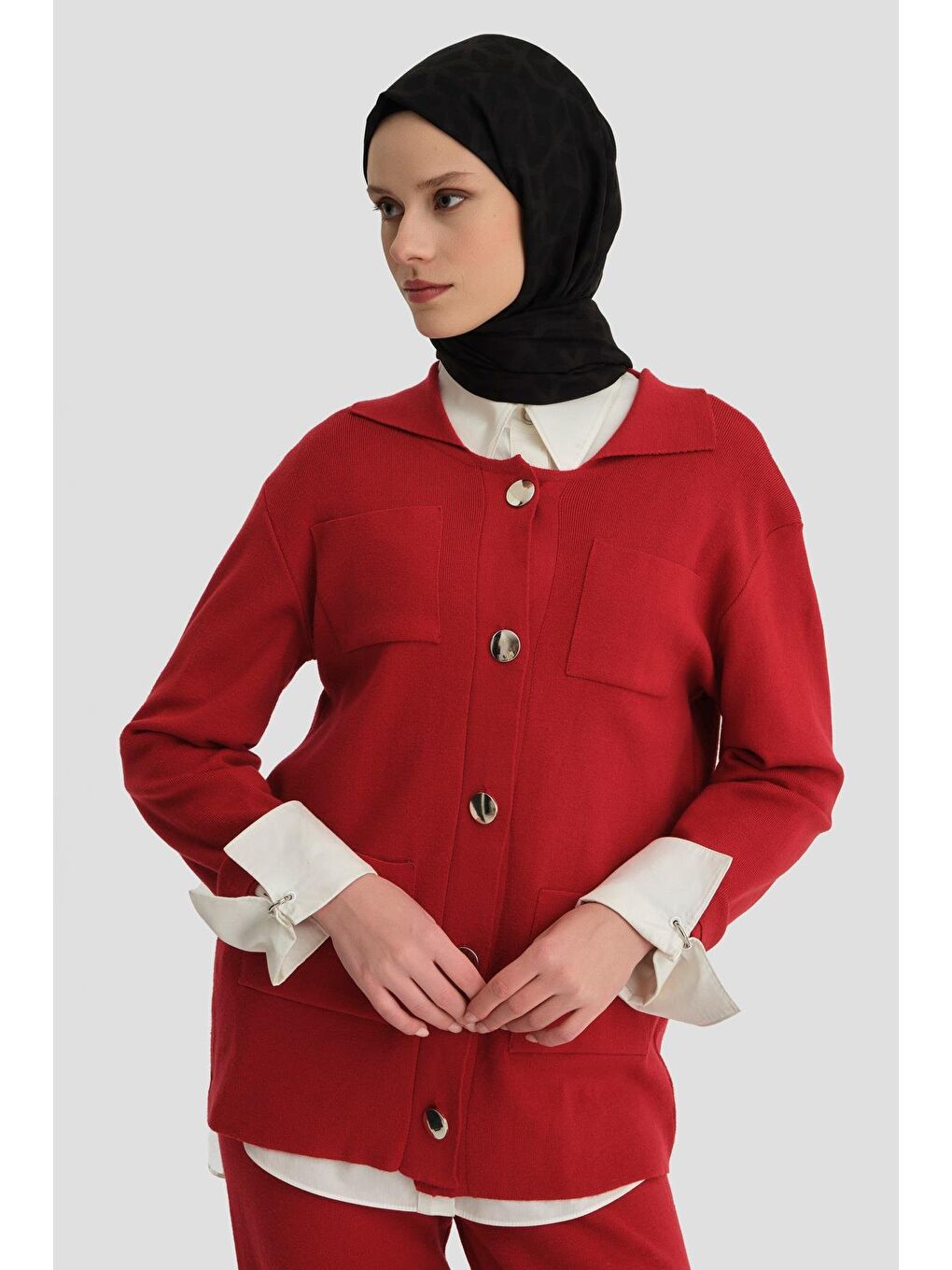 Metal Düğmeli Triko Takım 24Kd4212 Kırmızı-3