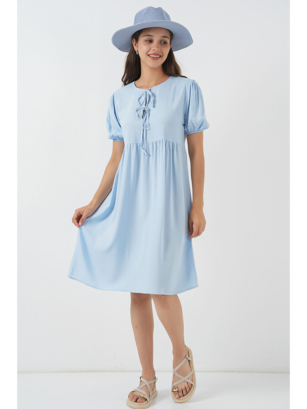 Kadın Bağcıklı Midi Elbise 2575 - Mavi-2