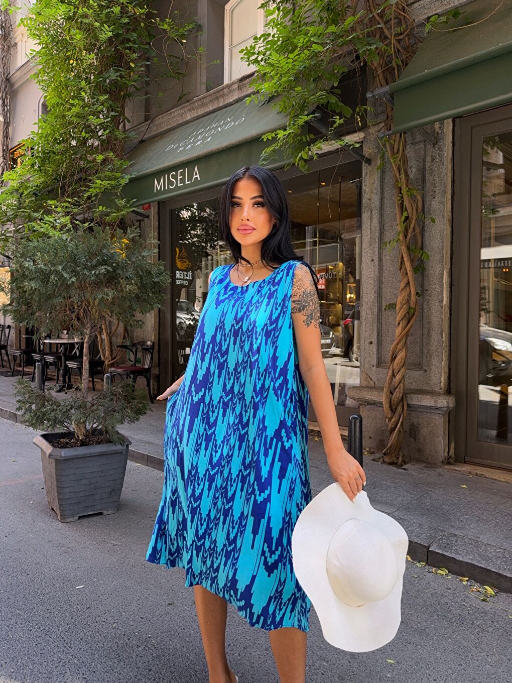 Mavi Bisiklet Yaka Desenli Viskon Elbise-3