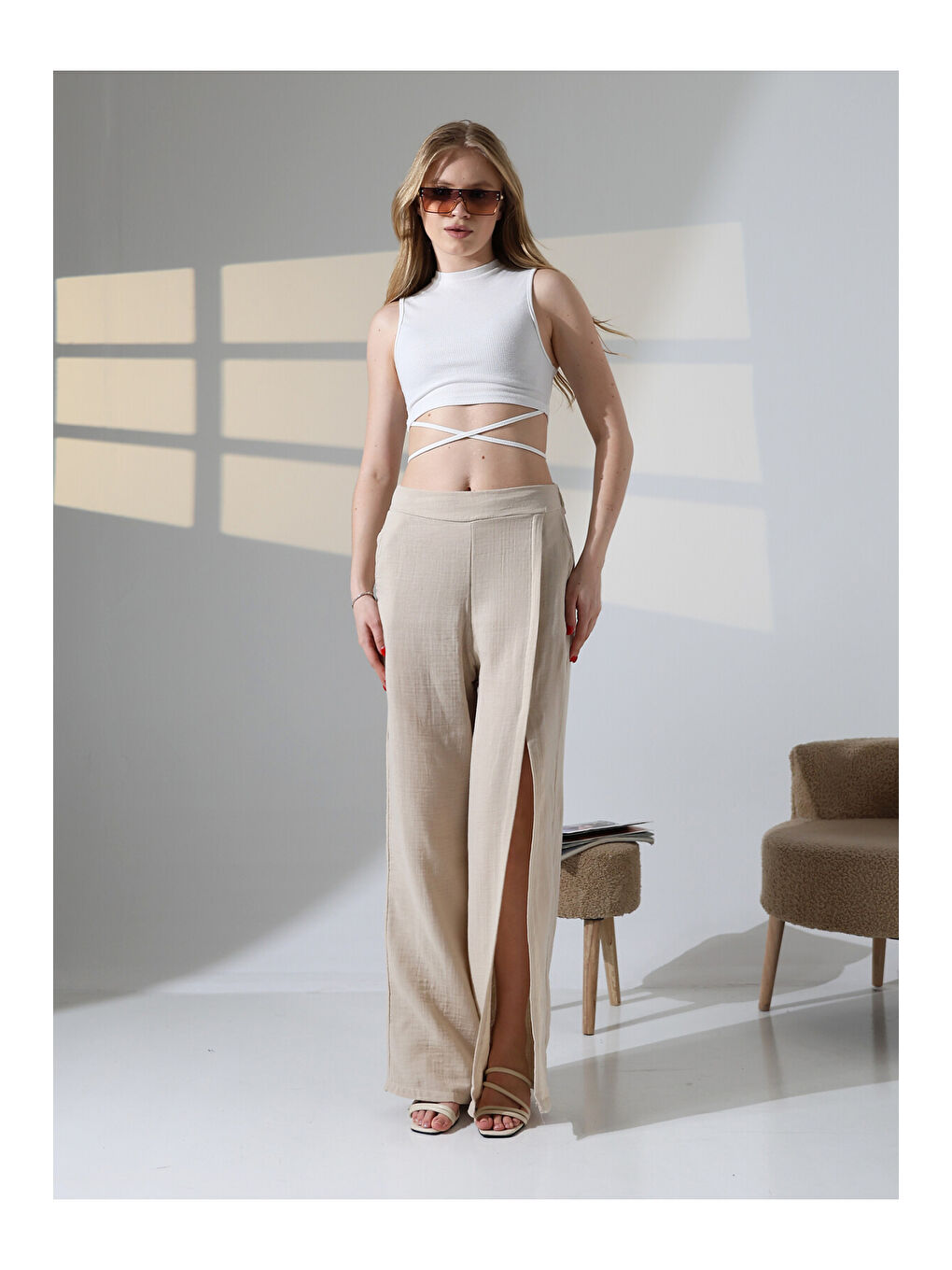 Yırtmaçlı Müslin Pantolon Bej