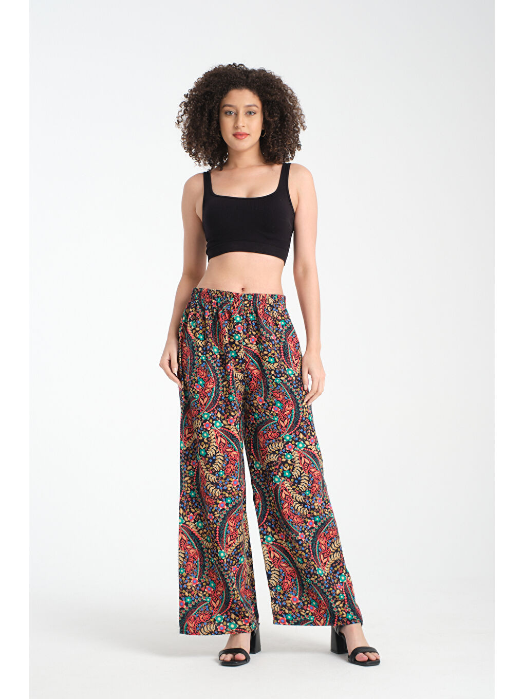 Lacivert Kadın Desenli Dökümlü Viskon Pantolon 1071-4