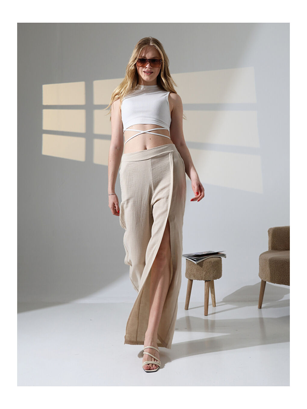 Yırtmaçlı Müslin Pantolon Bej-1