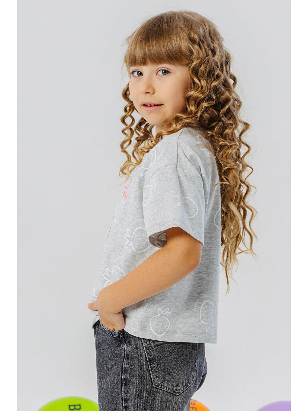 Kız Çocuk Tişört Crop Çilek & Yazı Baskılı Açık Gri Melanj (6-12 Yaş)-1