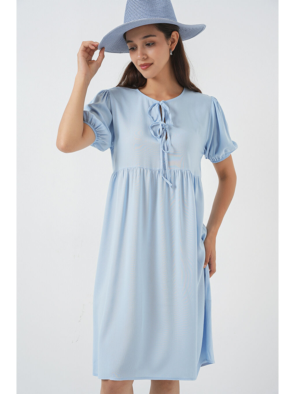 Kadın Bağcıklı Midi Elbise 2575 - Mavi-3