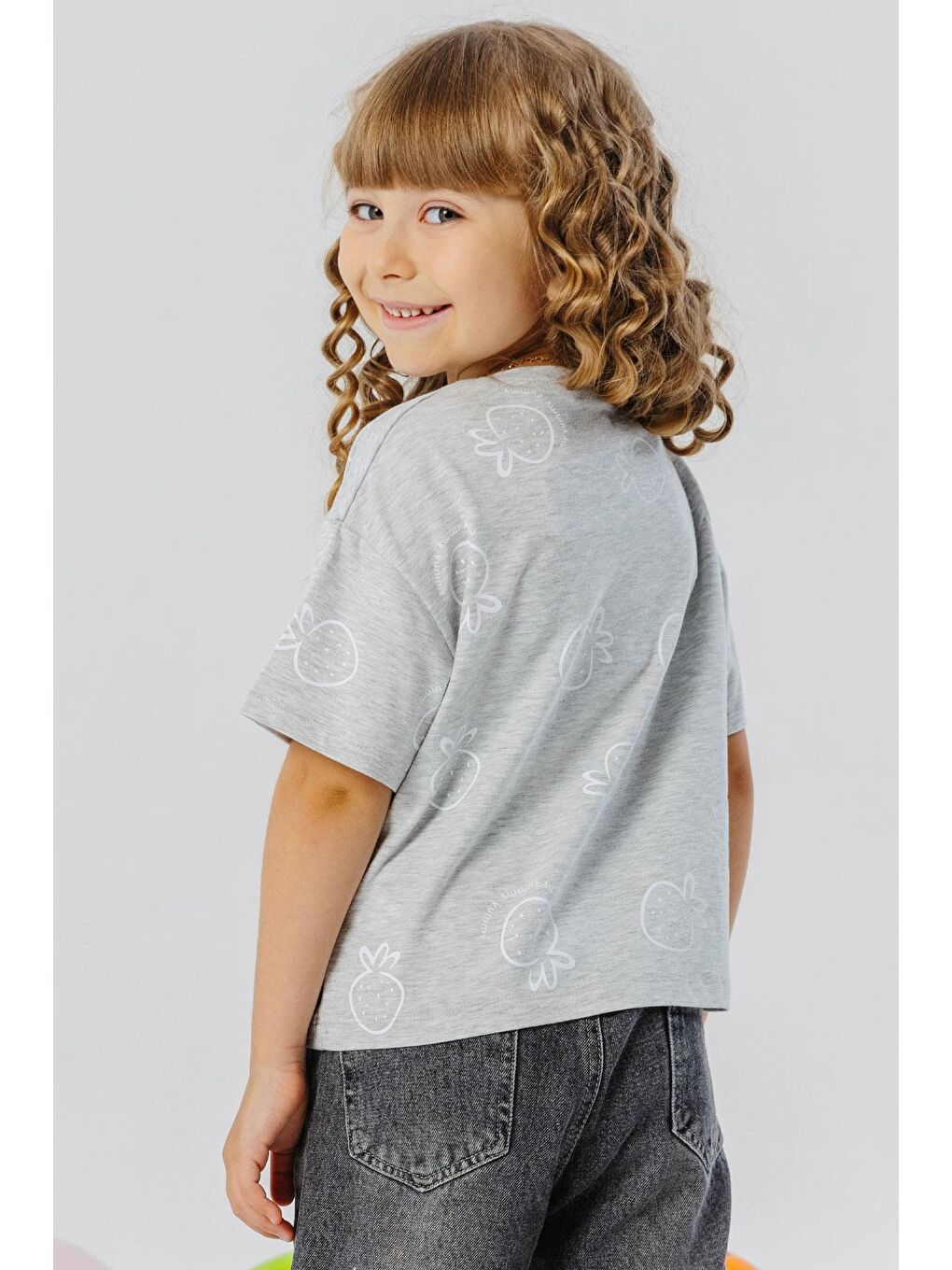 Kız Çocuk Tişört Crop Çilek & Yazı Baskılı Açık Gri Melanj (6-12 Yaş)-2