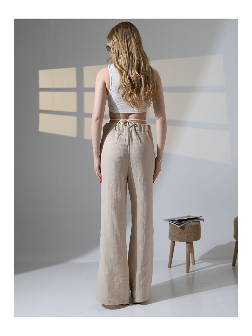 Yırtmaçlı Müslin Pantolon Bej-2