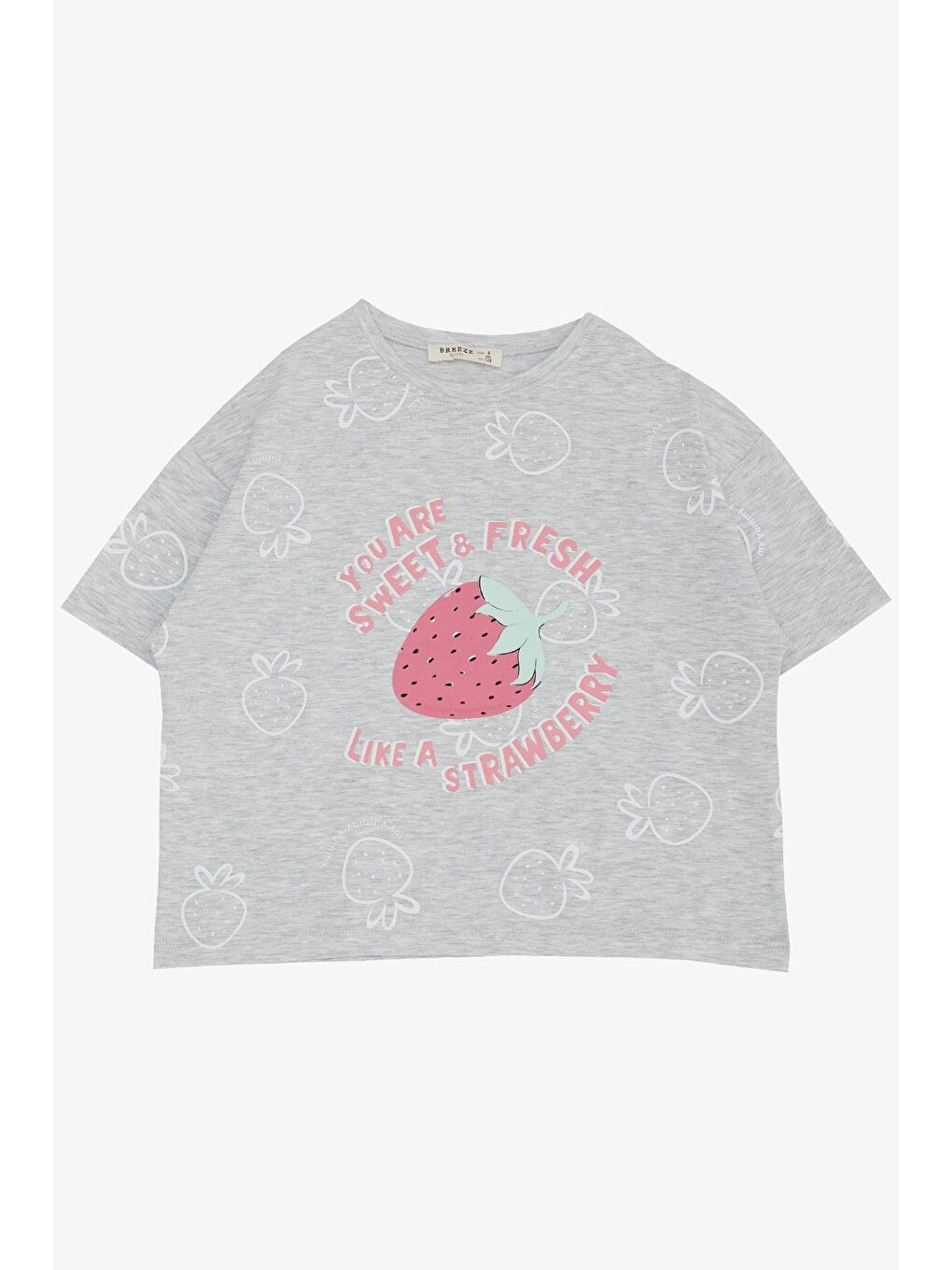 Kız Çocuk Tişört Crop Çilek & Yazı Baskılı Açık Gri Melanj (6-12 Yaş)-3