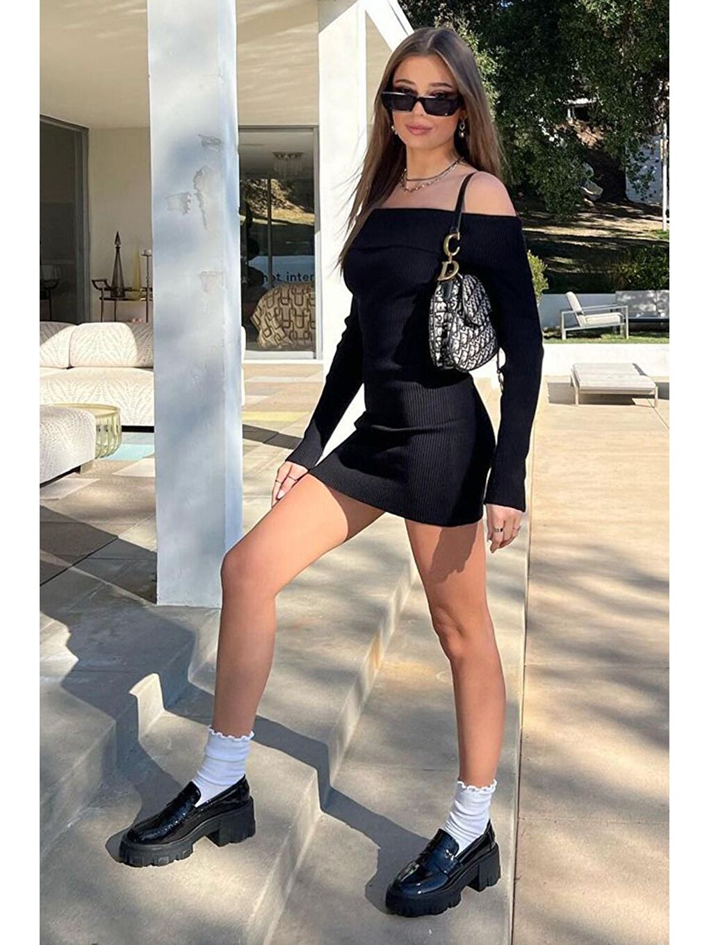 Siyah Madonna Yaka Uzun Kollu Mini Elbise Mg1699-9