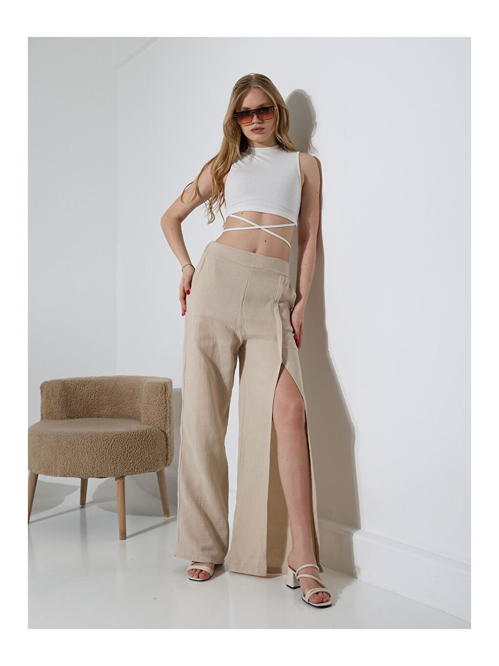 Yırtmaçlı Müslin Pantolon Bej-3